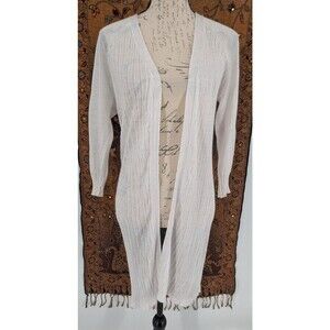 AVA White Linen Blend Open Front Topper Sweater Pintucks Long Line